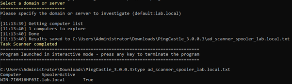 Figure 23: PingCastle scan returning all domain controllers where the Print Spooler service is running
