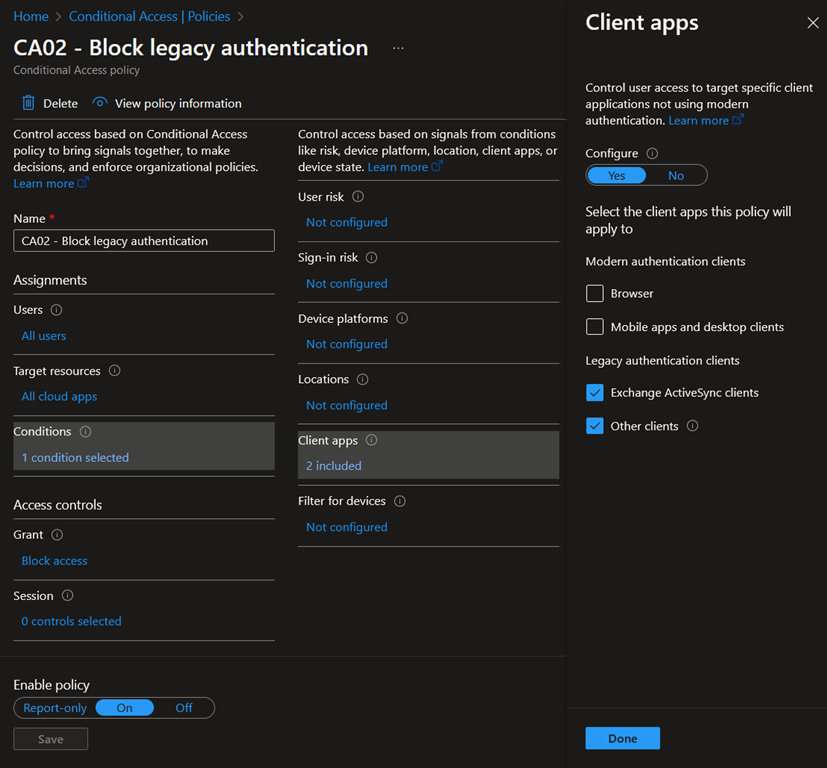 Conditional Access policy - Block Legacy Authentication protocols