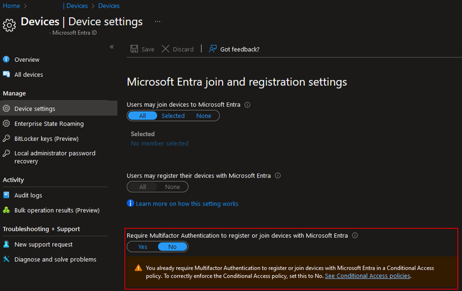 Microsoft Entra ID device settings