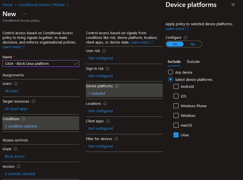 Conditional Access policy to block access to all cloud applications from Linux.