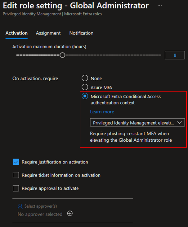 PIM role setting to require Microsoft Entra Conditional Access authentication context on activation.