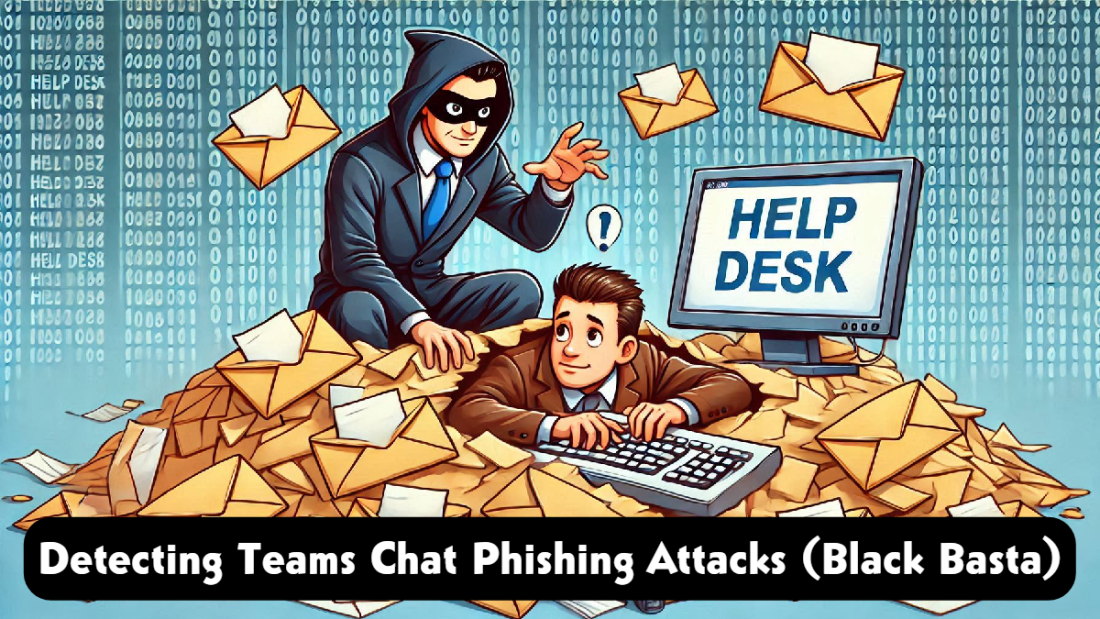 A person in a suit is overwhelmed by a pile of envelopes while typing on a keyboard, with a computer screen displaying "Help Desk" nearby. Another individual in a hooded jacket is reaching towards the person, symbolizing a phishing threat. The background is filled with binary code.