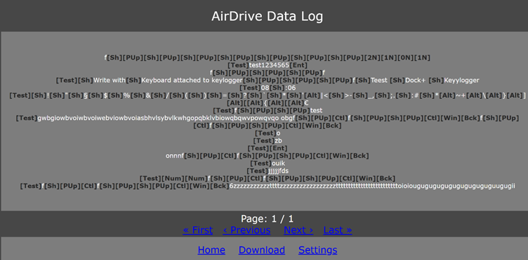 Screenshot of an AirDrive data log interface displaying various entries, commands, and test results.