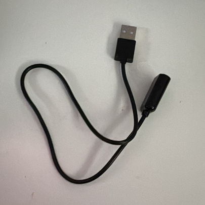 A black USB cable with a standard USB connector on one end and a smaller connector on the other end.